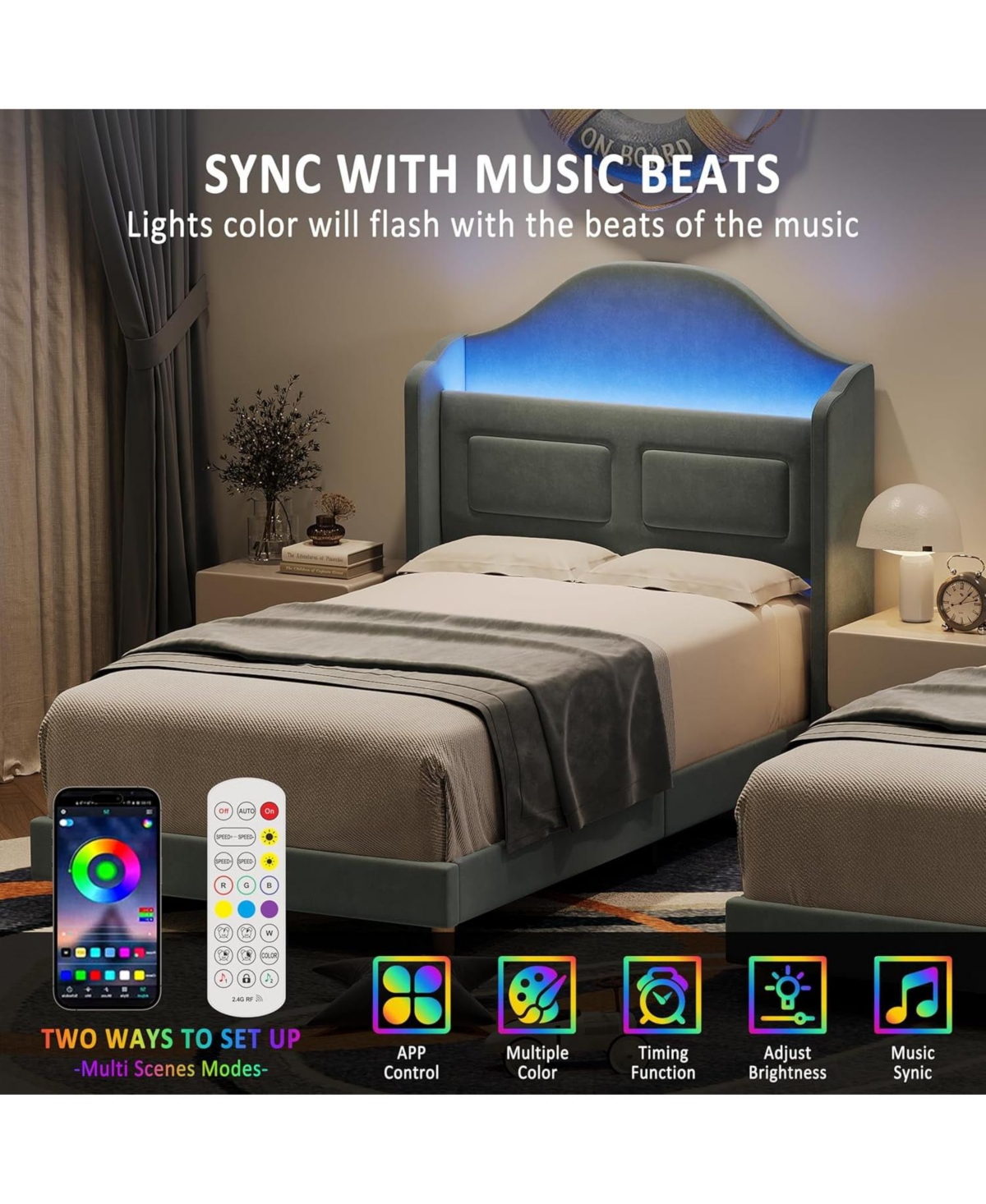 gaomon Twin Bed Frame Headboard Built-in Led Lights Velvet Upholstered Platform Wing Back Easy Assembly No Box Spring Noise Free