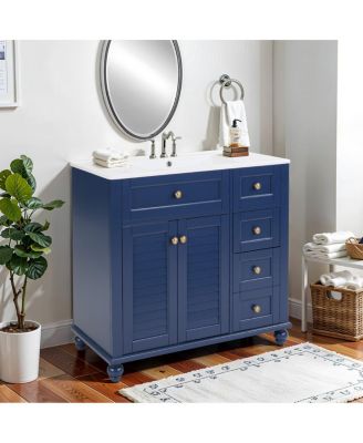 36" Bathroom Vanity with Ceramic Sink, Solid Wood Frame, Flip-Top and Drawer Storage, Adjustable Shelves