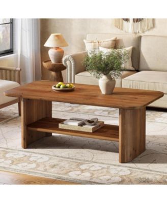 47.24" Solid Wood Coffee Table for Living Room, 2-Tier Farmhouse Rectangle Coffee Table, for Home, Apartment, Office