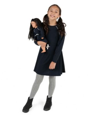 Girls Matching Girl & Doll Drawstring Cinch-Waist Long Sleeve Dress