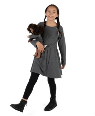 Girls Matching Girl & Doll Drawstring Cinch-Waist Long Sleeve Dress