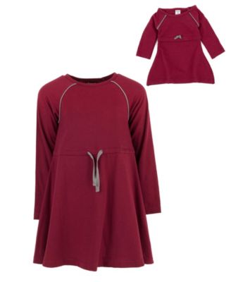 Girls Matching Girl & Doll Drawstring Cinch-Waist Long Sleeve Dress
