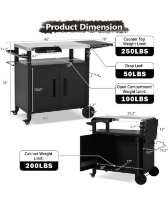 Outdoor Grill Cart with Drop Leaf, Metal Bar Cart with Wheels, Stainless Steel Top, Storage Cabinet, Spice and Paper Rack for BBQ