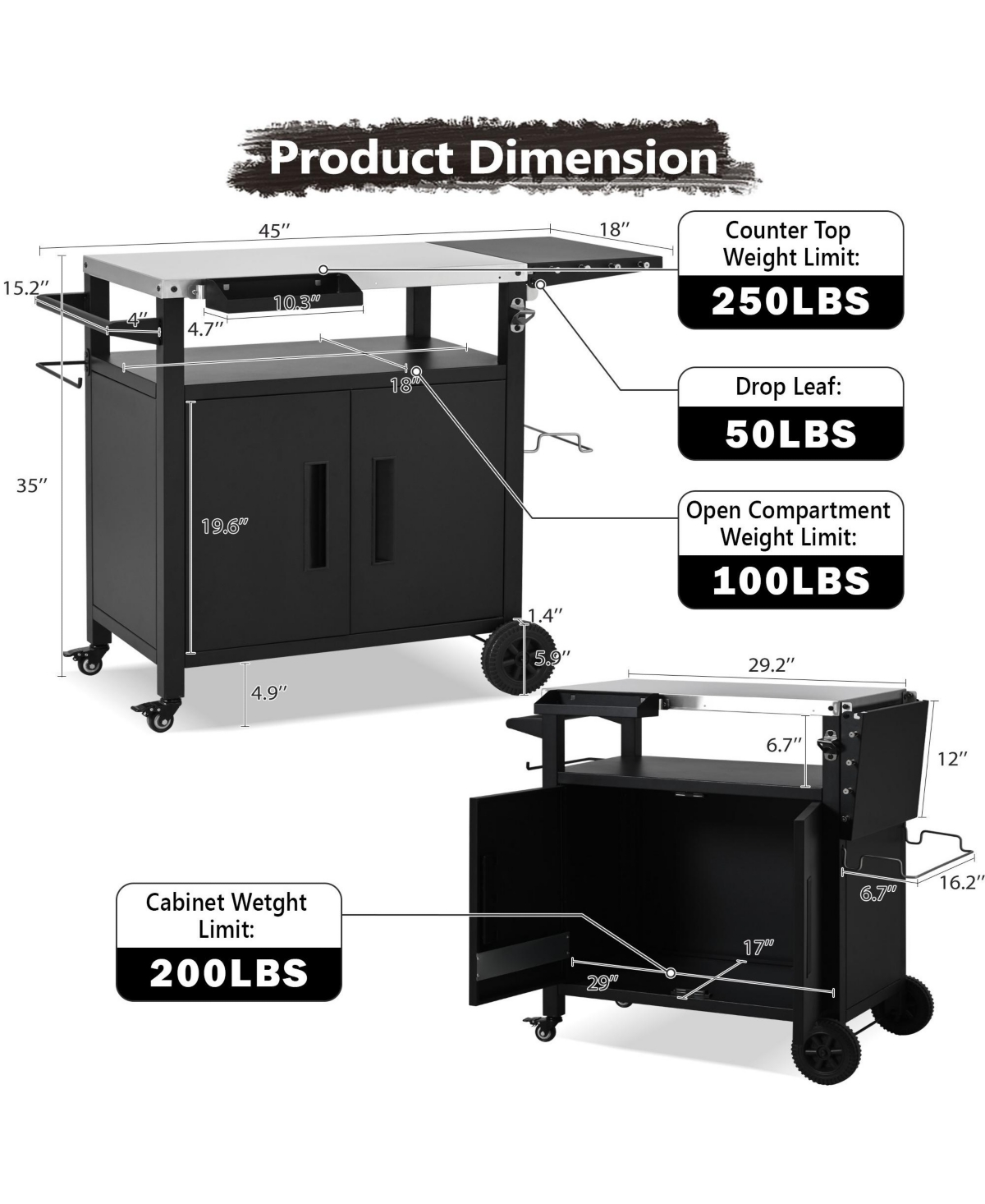 Rainsken Outdoor Grill Cart with Drop Leaf, Metal Bar Cart with Wheels, Stainless Steel Top, Storage Cabinet, Spice and Paper Rack for Bbq