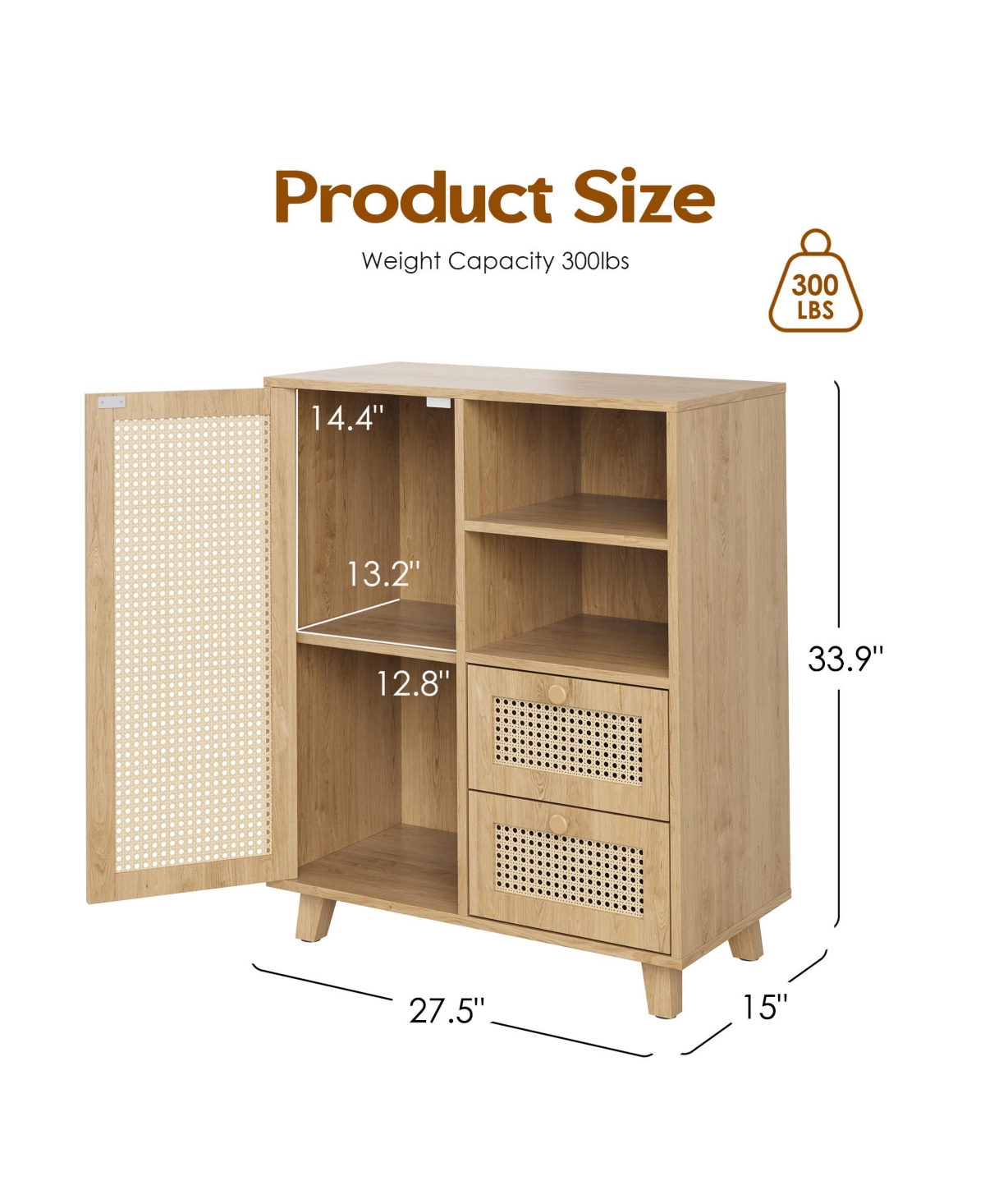 Rainsken Rattan Buffet Cabinet, Kitchen Sideboard with 2 Drawers for Living Room, Dining Room