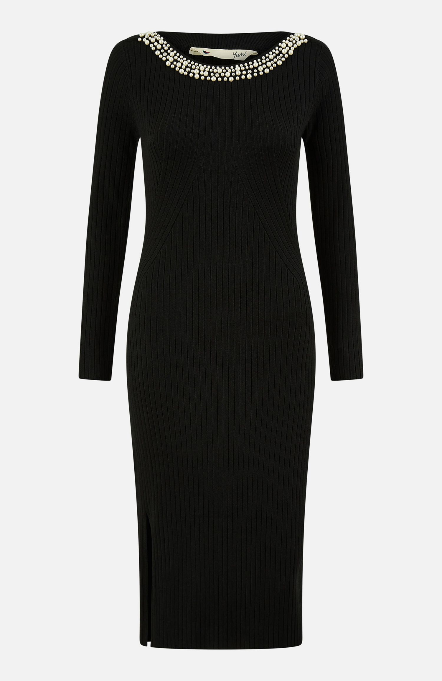 Women's Bedazzled Neck Fitted Midi Knitted Dress