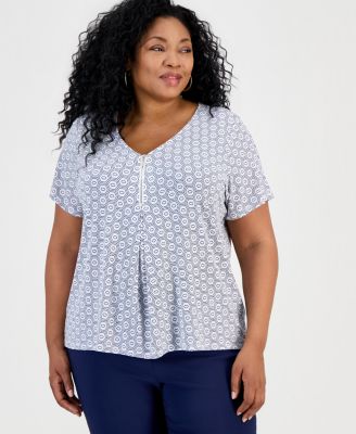 Plus Size Simple Tiles V-Neck Zipper Top