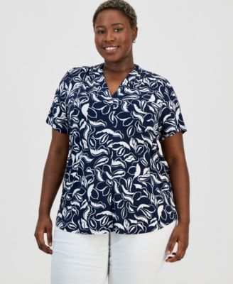 Plus Printed Short-Sleeve V-Neck Knit Top