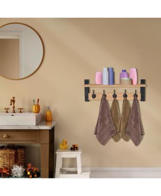 24 Inch Floating Wall Shelf with 5 Heavy Duty Hooks – for Entryway, Bathroom, Bedroom, Kitchen, or Mudroom