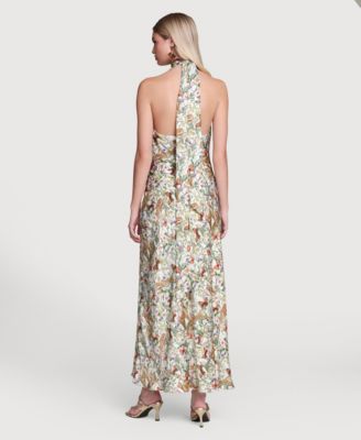 Women's Printed Halter Scarf-Tie Maxi Dress