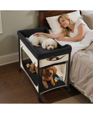 L Elevated Foldable Bunk Pet Bed with Wheels, Side Storage and Carry Bag