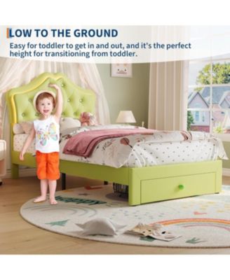 Twin Velvet Upholstered Platform Bed LED Lights Crystal Button Headboard Storage Drawer Noise-Free No Box Spring