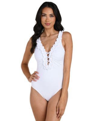 Women's Island Goddess Ruffle Plunge One-Piece Swimsuit