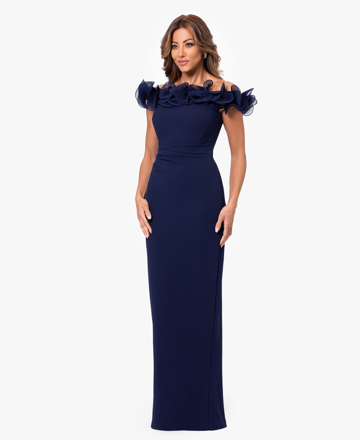 Женские платья XSCAPE Off-The-Shoulder Wire Scuba Gown, цвет: Тёмно-синий — фото 2