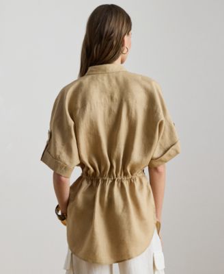 Petite Linen Drawcord-Waist Collared Tunic Top