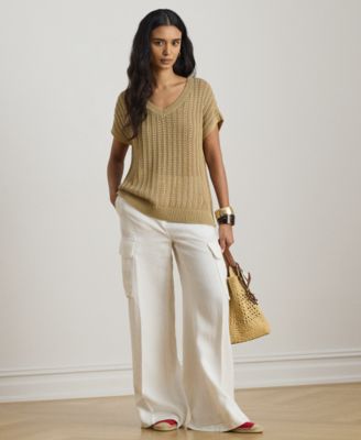 Petite V-Neck Open-Knit Sweater