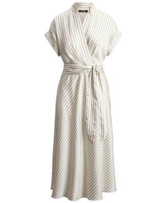 Petite Striped Belted Wrap Collared Midi Dress