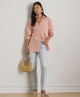 Petite Pink Eyelet-Logo Collared Shirt