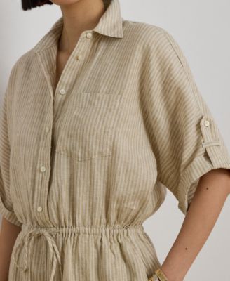 Petite Striped Linen Roll-Tab-Sleeve Romper