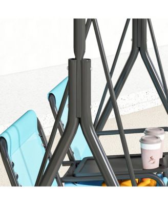 2 Person Porch Swing with Canopy, Storage Table, Cup Holder, Blue