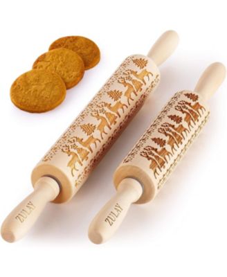 (Set of 2) Large & Small Wooden Carved Christmas Rolling Pin