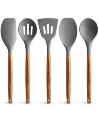 5 Piece Silicone Utensils Set with Authentic Acacia Wood Handles