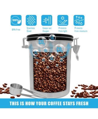 Coffee Storage Canister with Scoop, Date Tracker, Built-In One-Way CO2 Valve & 2 Spare Filter Replacements