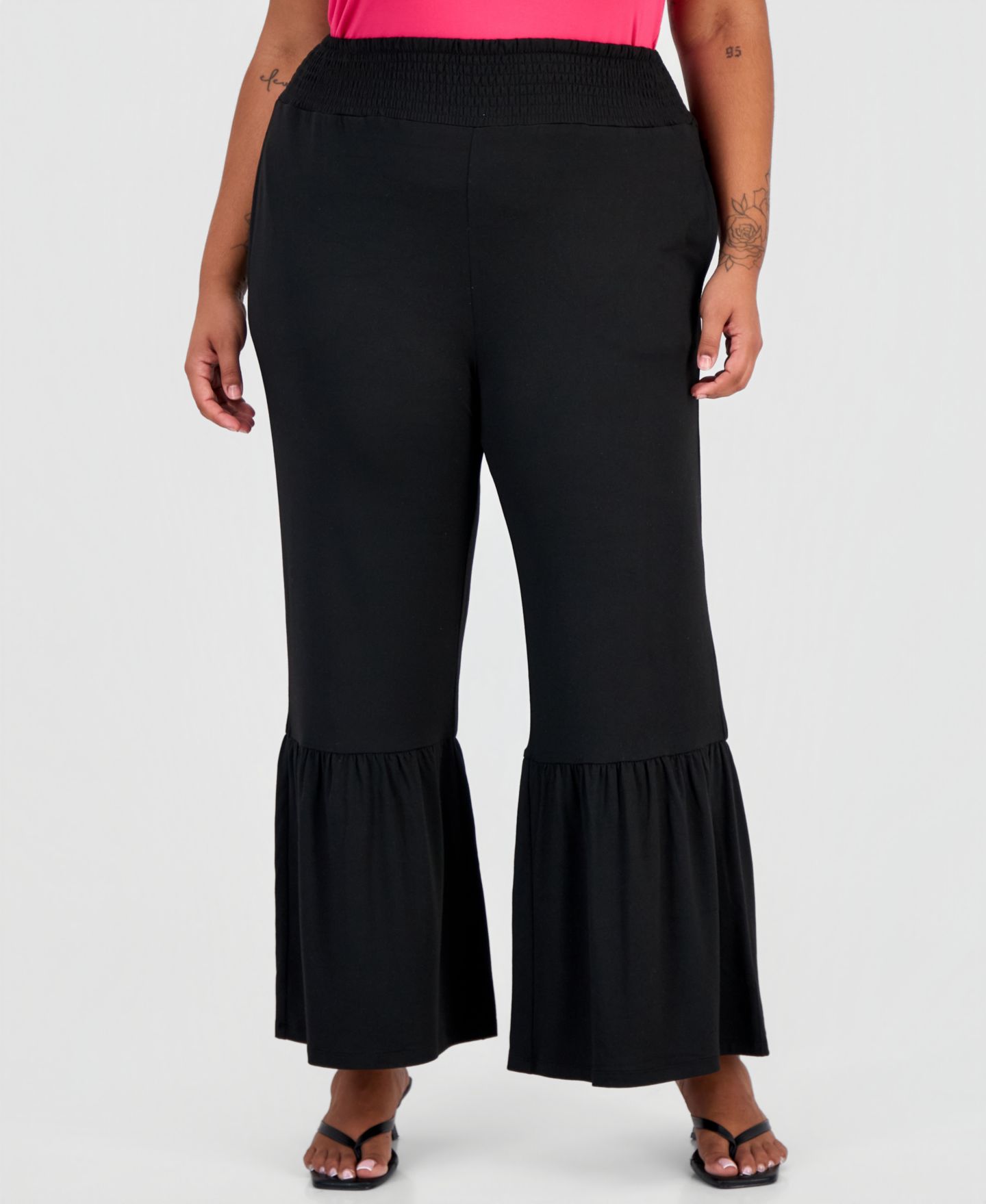 Женские брюки FULL CIRCLE TRENDS Trendy Plus Smocked-Waist Tiered, цвет: Чёрный — фото 3