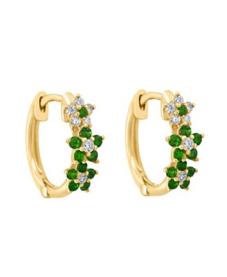 Emerald (1/3 ct. t.w.) & Diamond (1/8 ct. t.w.) Extra-Small Hoop Earrings in 14k Yellow Gold, 0.15" 
