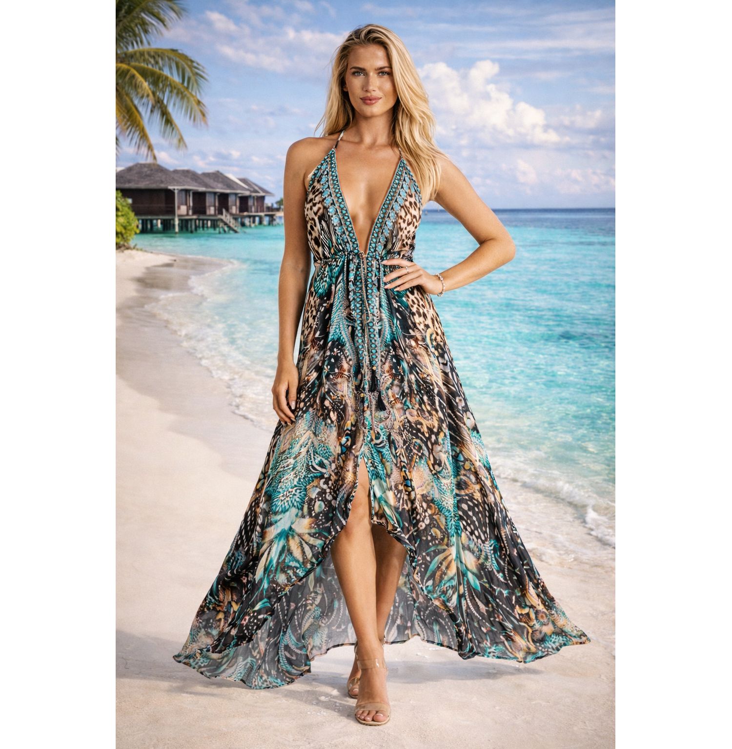 Women's Maxi Abstract Print Halterneck Dress