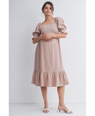 Maternity Smocked Empire Waist Puff Sleeve Midi Dress with Ruffle Hem