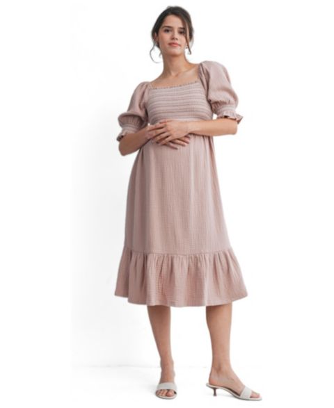 Женское платье Hello Miz Smocked Empire Waist Puff Sleeve Midi Dress with Ruffle Hem, цвет: Розовато-лиловый