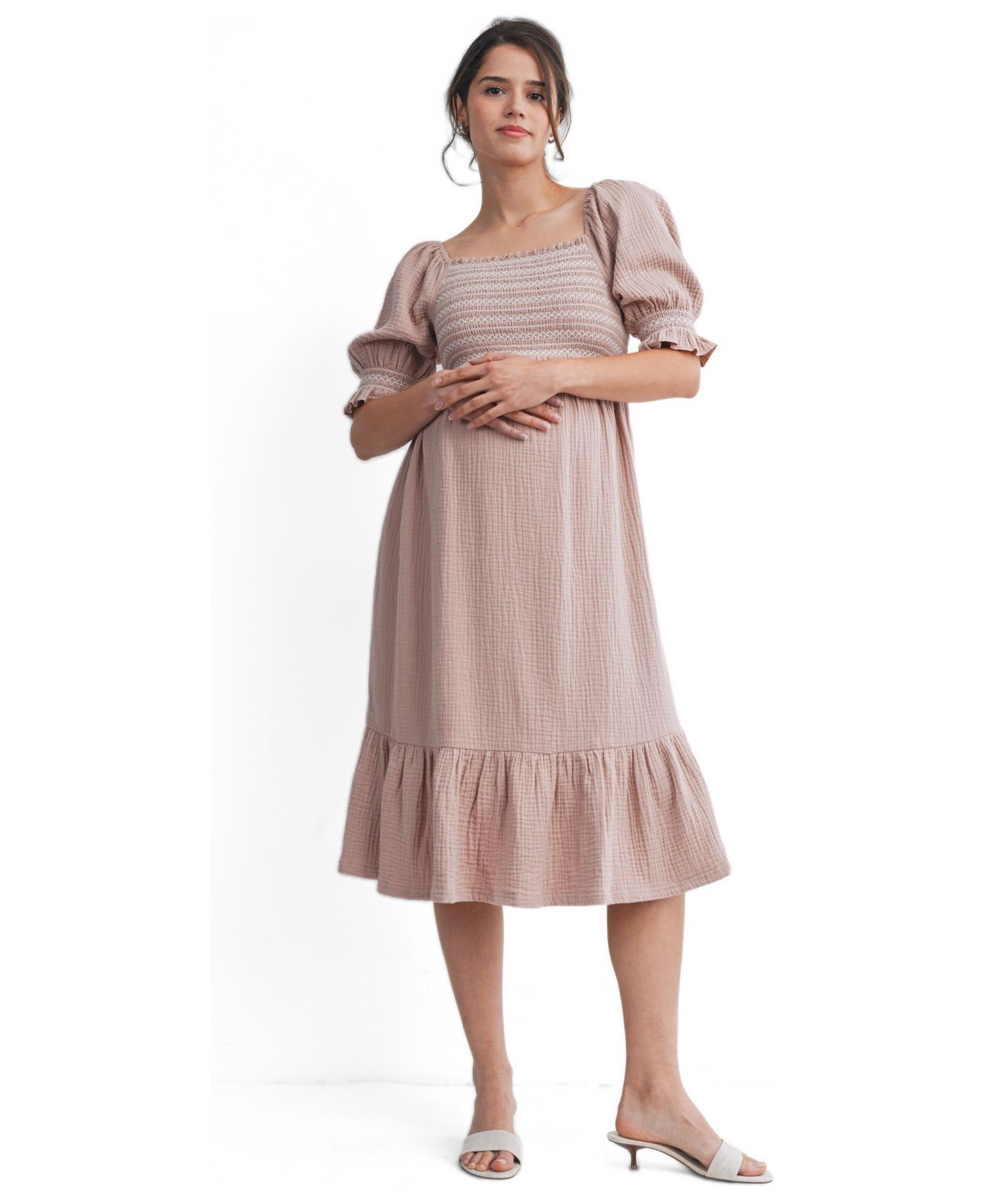 Women's Smocked Empire Waist Puff Sleeve Midi Dress with Ruffle Hem