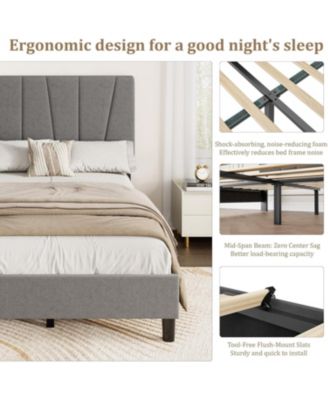 Bed Frame with Adjustable Headboard, Linen Upholstered Platform Bedframe with Strong Wooden Slats, Mattress Foundation