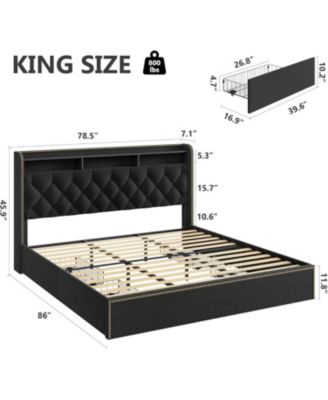 King Size Bed Frame with 4 Storage Drawers, Velvet Fabric Upholstered Platform Bed with Tufted Headboard, Wooden Slats, No Box Spring Required
