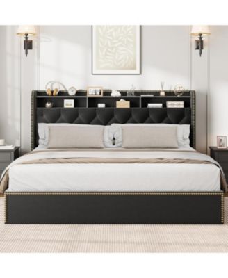 King Size Bed Frame with 4 Storage Drawers, Velvet Fabric Upholstered Platform Bed with Tufted Headboard, Wooden Slats, No Box Spring Required