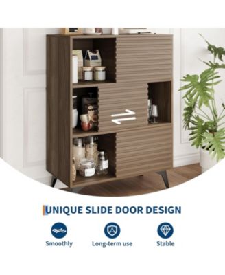 31" Fluted Sliding Door Sideboard,Modern Wooden Storage Cabinet with Metal Base, Floor-Standing Storage Cabinet