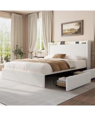Full Bed Frame with Storage Headboard, Upholstered Bed Frame Full Size with Charging Station, LED Lights, 4 Storage Drawers