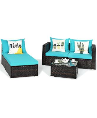 5PCS Cushioned Rattan Patio Conversation Set w/ Coffee Table Ottoman