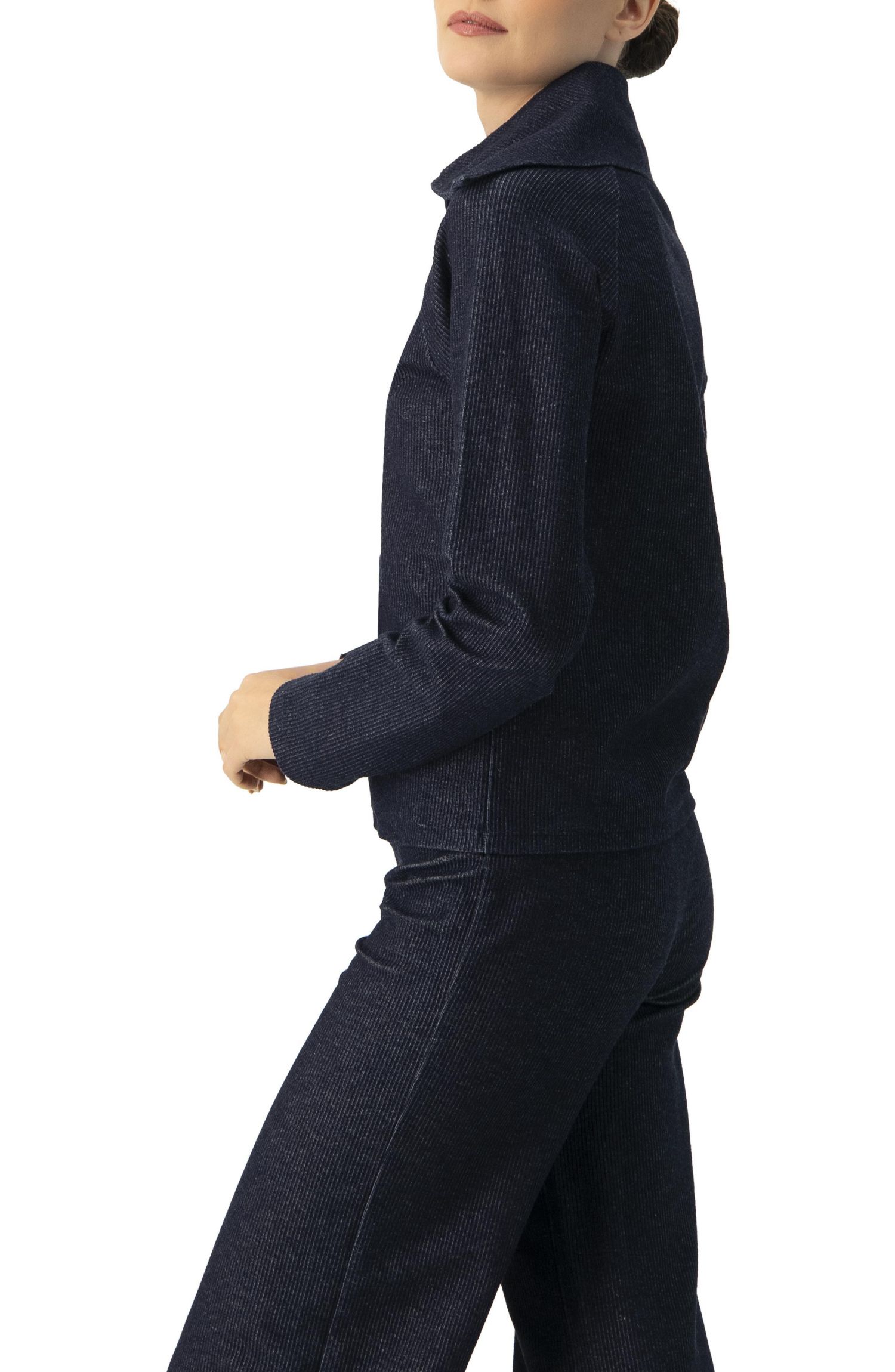 Women's Ribbed Knit Sweater with Neckline Zipper