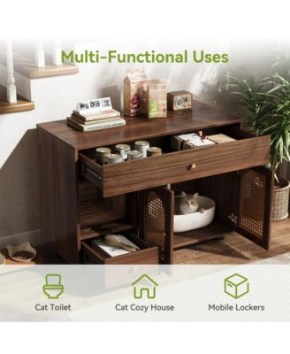 Cat Litter Box Enclosure - Stylish Cabinet on Wheels with Drawers for Easy Movement and Storage
