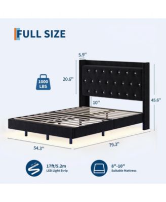Full Floating Bed Frame with LED Lights, Velvet Upholstered Platform, Storage Headboard