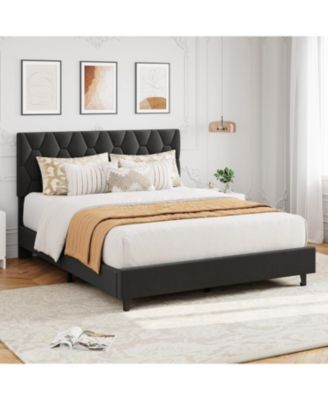 Platform Bed Frame with Adjustable Upholstered Headboard, Modern Bed Frame with Wooden Slats Support & Triangular Feet