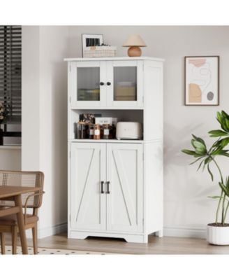 Bathroom Cabinet, 50.4" Storage Cabinet with Glass Doors and Adjustable Shelves, Freestanding Kitchen Pantry Cabinet