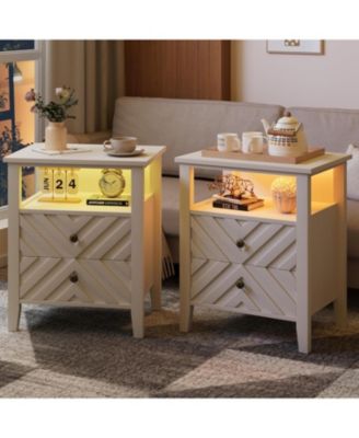 LED Nightstand with 2 Storage Drawers, Farmhouse Bedside Table with RGB Lighting, Open Shelf and Sturdy Wooden Legs, Rustic Side Table