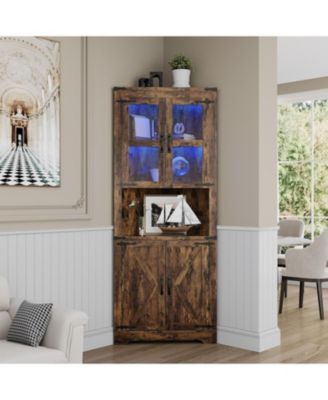 Corner Cabinet with Lights, 6-Tier Corner Storage Cabinet with Doors, Space Saver Shelf for Bathroom