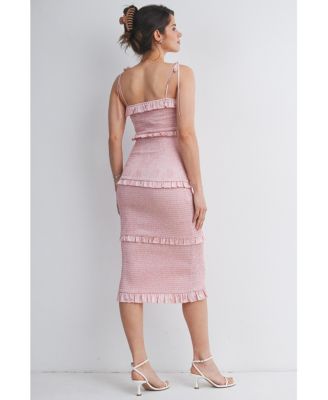 Women's Maternity Smocked Bodycon Midi Dress with Ruffle Trim and Tie Straps