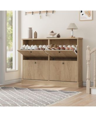 Shoe Cabinet with 4 Flip Drawers Freestanding Cabinet with Adjustable Shelves and Thicken Top Fluted Design Wooden Narrow Shoe Organizer