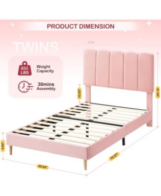 Twin Bed Frame, Velvet Upholstered Platform Bed with Wave Headboard for Girls/Kids, Easy Assembly, Wooden Slats Support, No Box Spring Needed