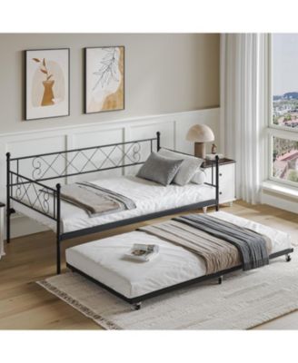 Metal Daybed with Trundle Bed, Modern Twin Size Sofa Bed with Steel Slat Support, Space Saving Daybed Frame for Guest Room, Living Room
